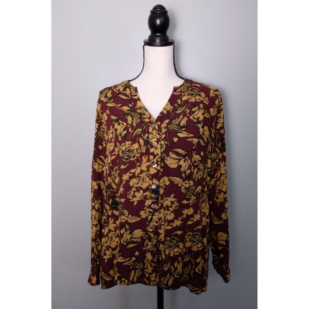 Soft Surroundings Tunic Top M Mustard Burgundy Floral Autumn Fall Artsy Boho